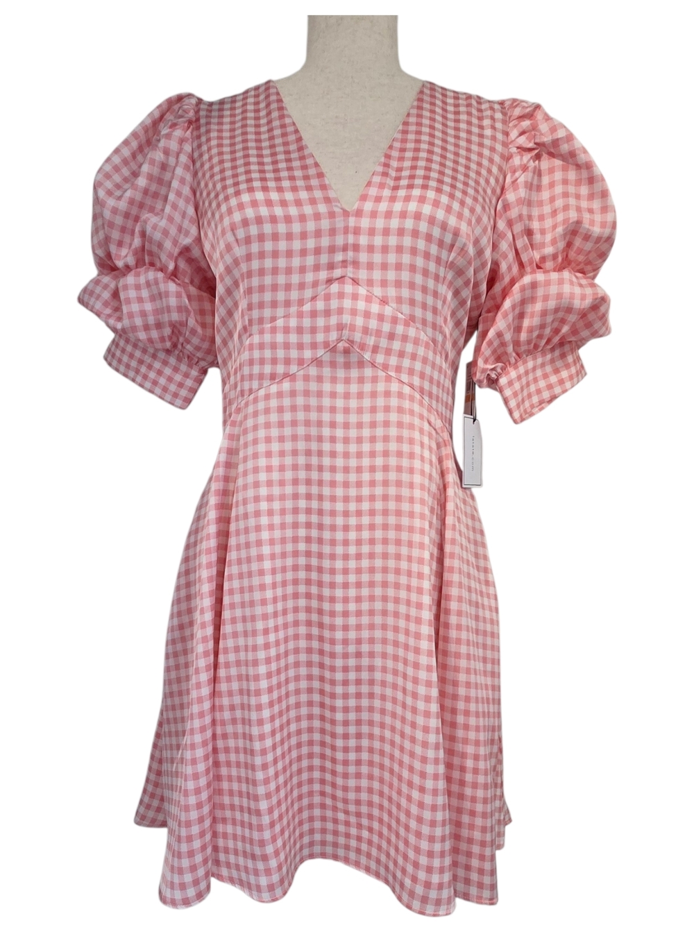1. State Pink and White Gingham V-Neck Puff-Sleeve Mini Dress Womens Size Small
